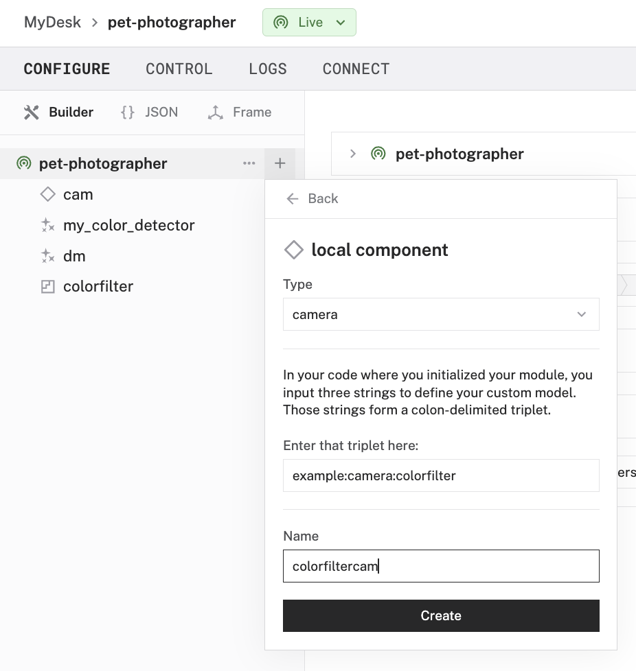 The add a component model showing the create a module step for a local color filter module